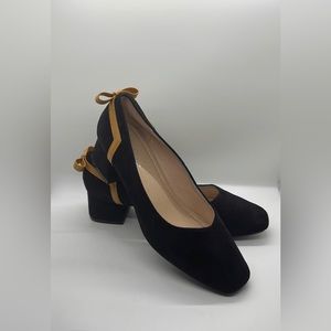 CINAK Black Faux Suede Slip on Square Toe Approx. 1.5" Block Heels. Slip On.